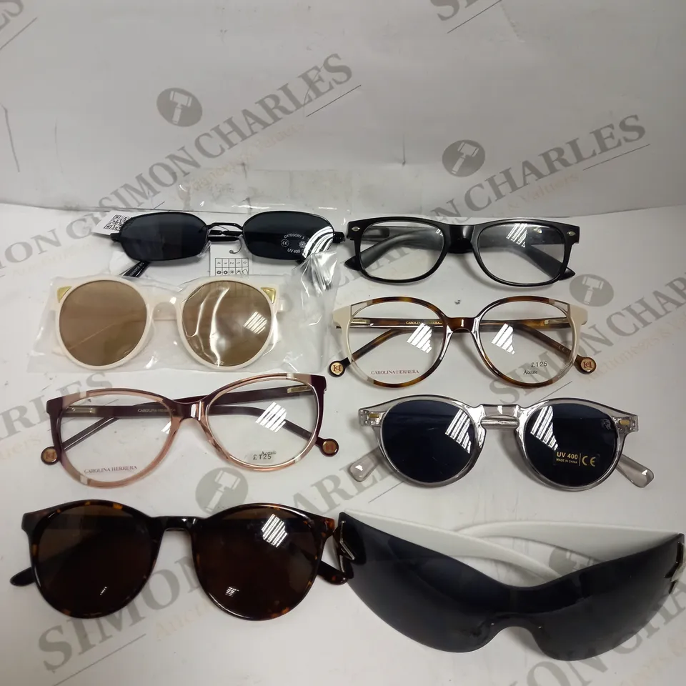 BOX OF APPROXIMATELY 20 ASSORTED VISION AND EYECARE ITEMS TO INCLUDE SUNGLASSES, PRESCRIPTION SPECTACLES, LENS WIPES ETC 