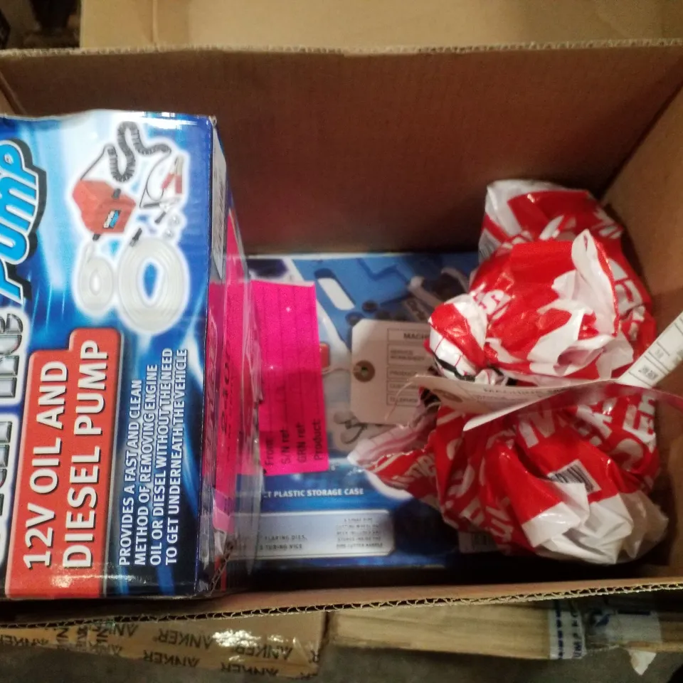 BOX CONTAINING ASSORTED PRODUCTS INCLUDING PIPE FLARING & CUTTING KIT & 2 12V OIL AND DIESEL PUMPS