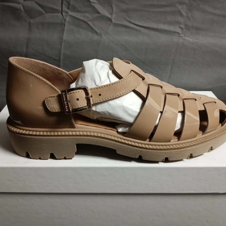 BOXED PAIR OF RUSSELL AND BROMLEY WOMEN'S BEIGE MULTI-STRAP SANDAL WITH BUCKLE ANKLE STRAP - SIZE 37 