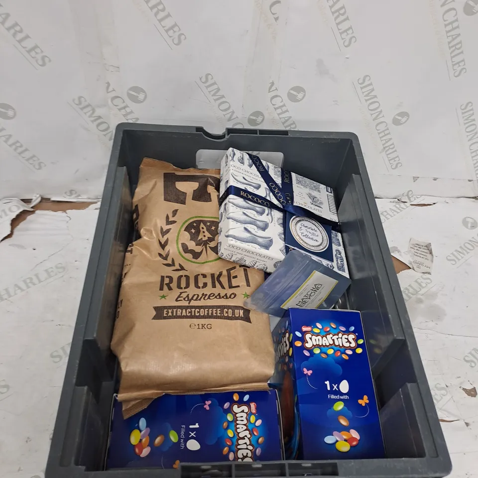 TOTE OF ASSORTED FOOD AND DRINK TOO INCLUDE SMARTIES EASTER EGGS , COFFEE, ROCOCO CHOCOLATE 
