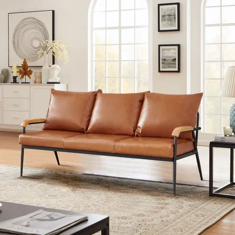 BOXED MID-CENTURY MODERN SOFA - BROWN FAUX LEATHER