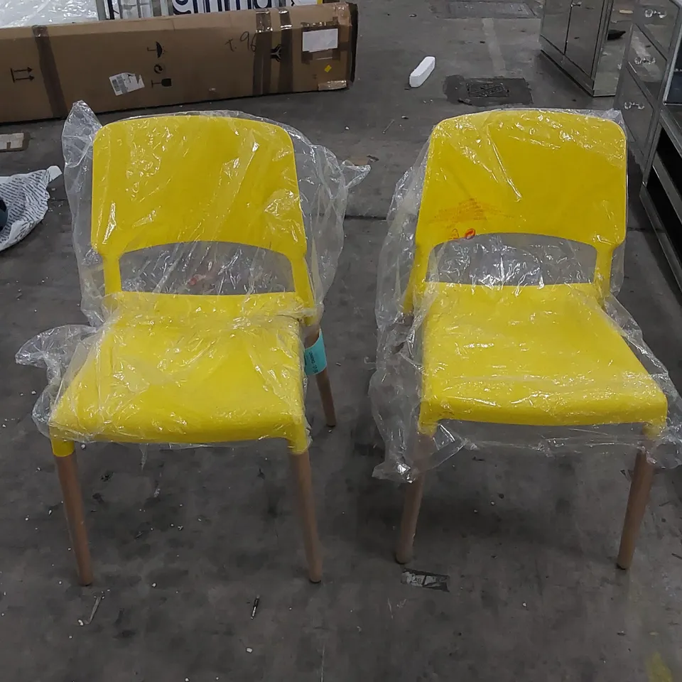DESIGNER PLASTIC AND WOOD DINING CHAIRS, YELLOW - SET OF 2