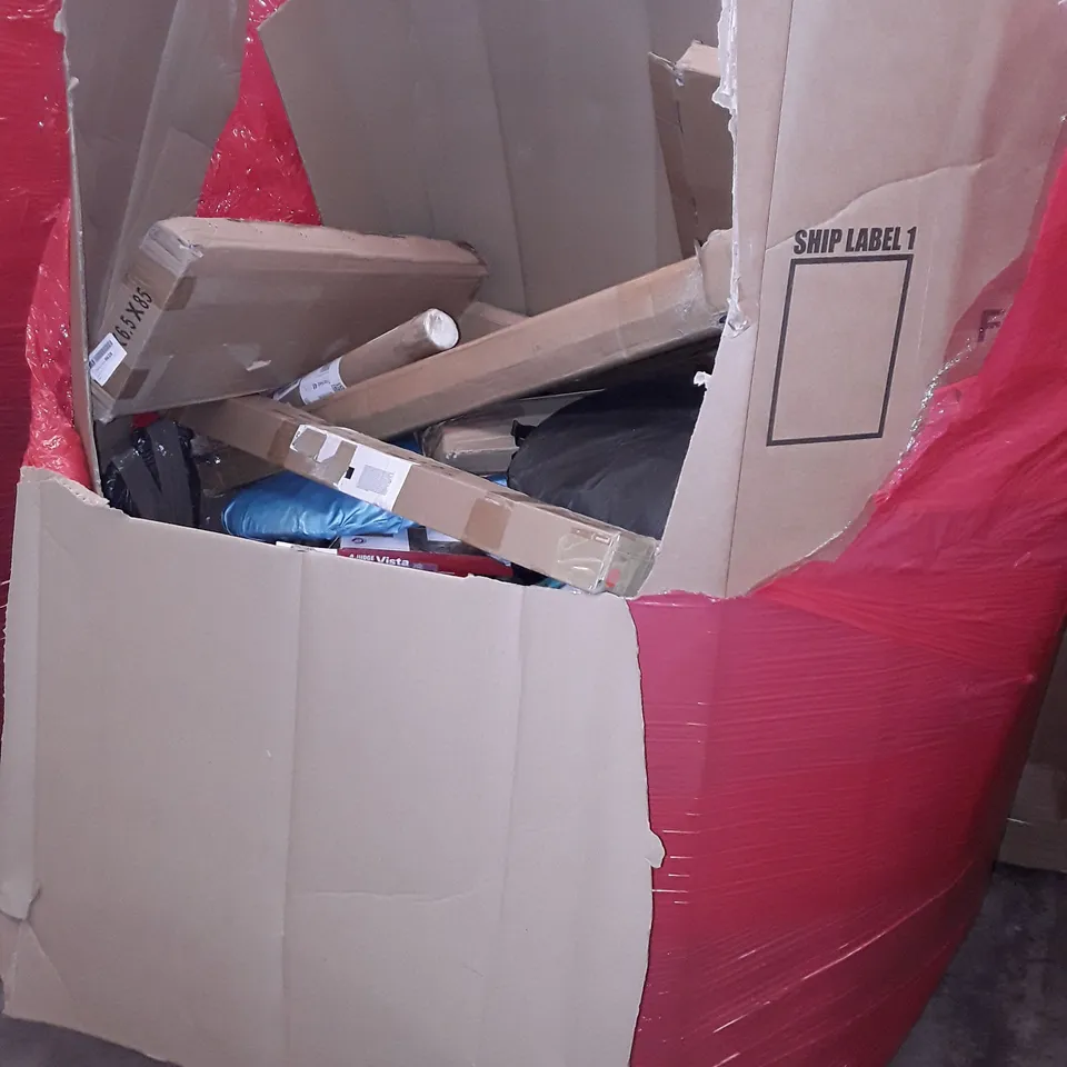 PALLET OF ASSORTED HOUSEHOLD ITEMS TO INCLUDE BABYS PLAYPEN, LASCOOTA SCOOTER, SINUO SLEEPING BAG AND TOILET SEAT