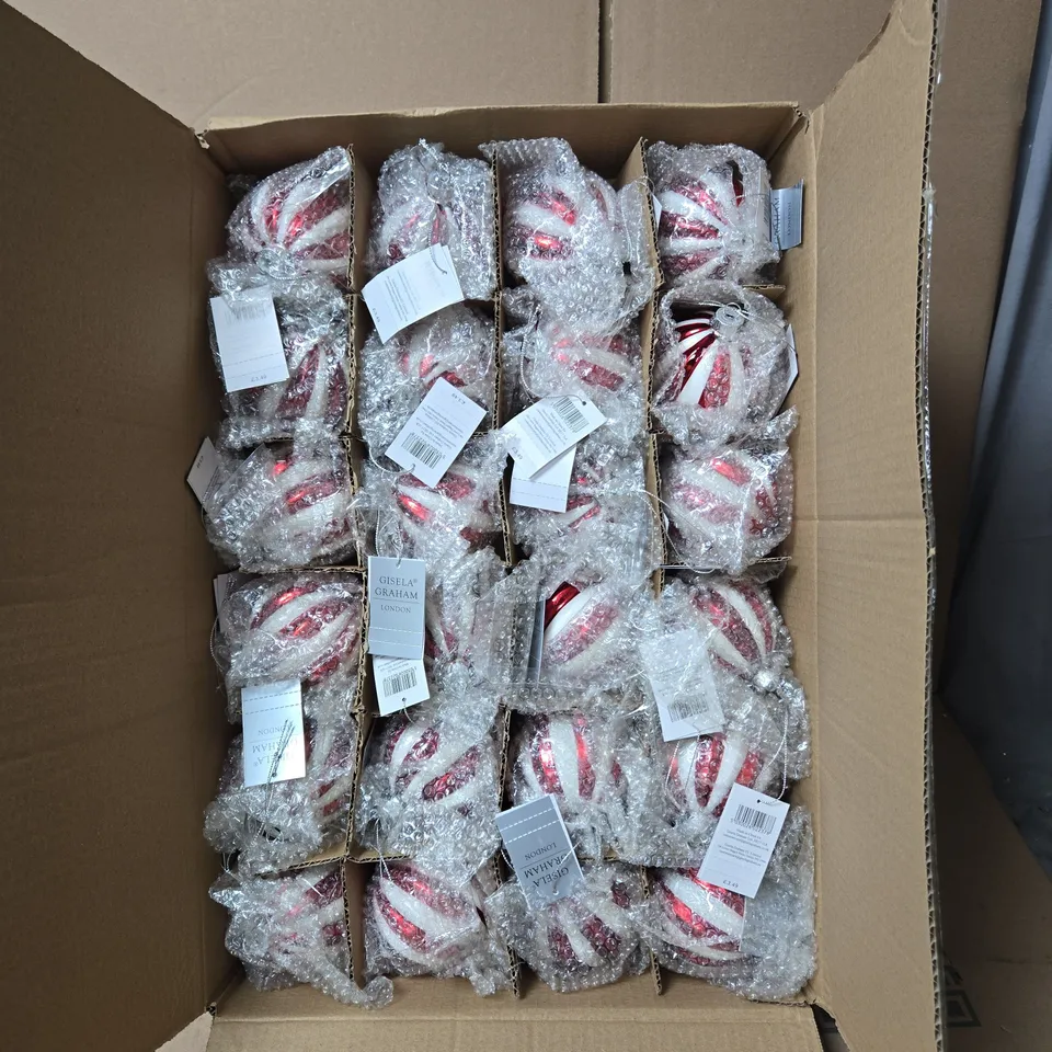 BOX OF 24 X GISELA GRAHAM RED AND WHITE CHRISTMAS HANGING ORNAMENTS 