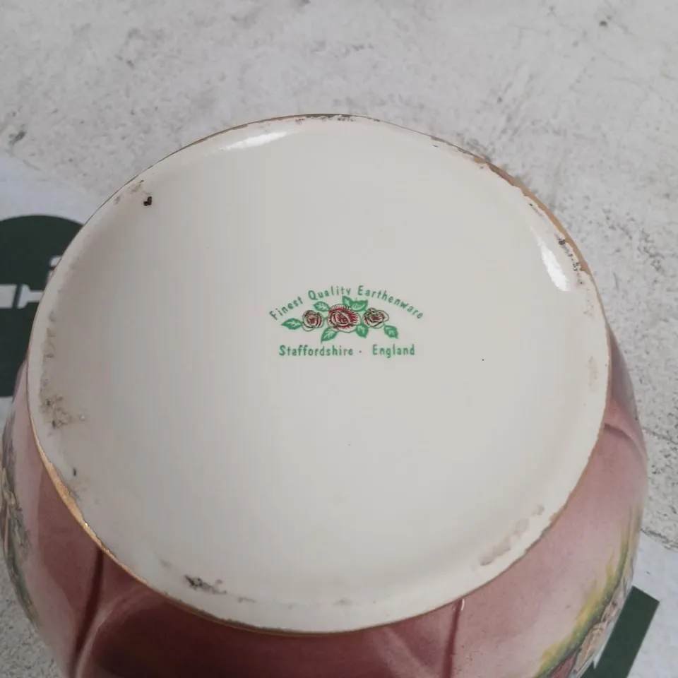 STAFFORDSHIRE EARTHENWARE POT WITH HAND-PAINTED PASTORAL SCENE, BURGUNDY GLAZE & GILT RIM (STAFFORDSHIRE, ENGLAND)