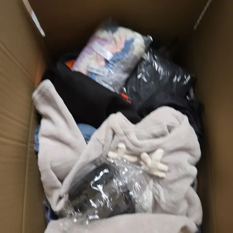 LARGE BOX OF ASSORTED CLOTHING ITEMS IN VARIOUS SIZES, STYLES AND COLOUR 