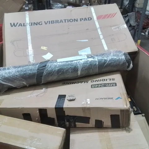 PALLET CONTAINING VARIOUS ASSORTED BOXED HOUSEHOLD ITEMS TO INCLUDE: SLIDING EXERCISE MACHINE, WALKING VIBRATION PLATE, DEWALT VACUUM CLEANER AND LOTS MORE UNMARKED BOXED ITEMS