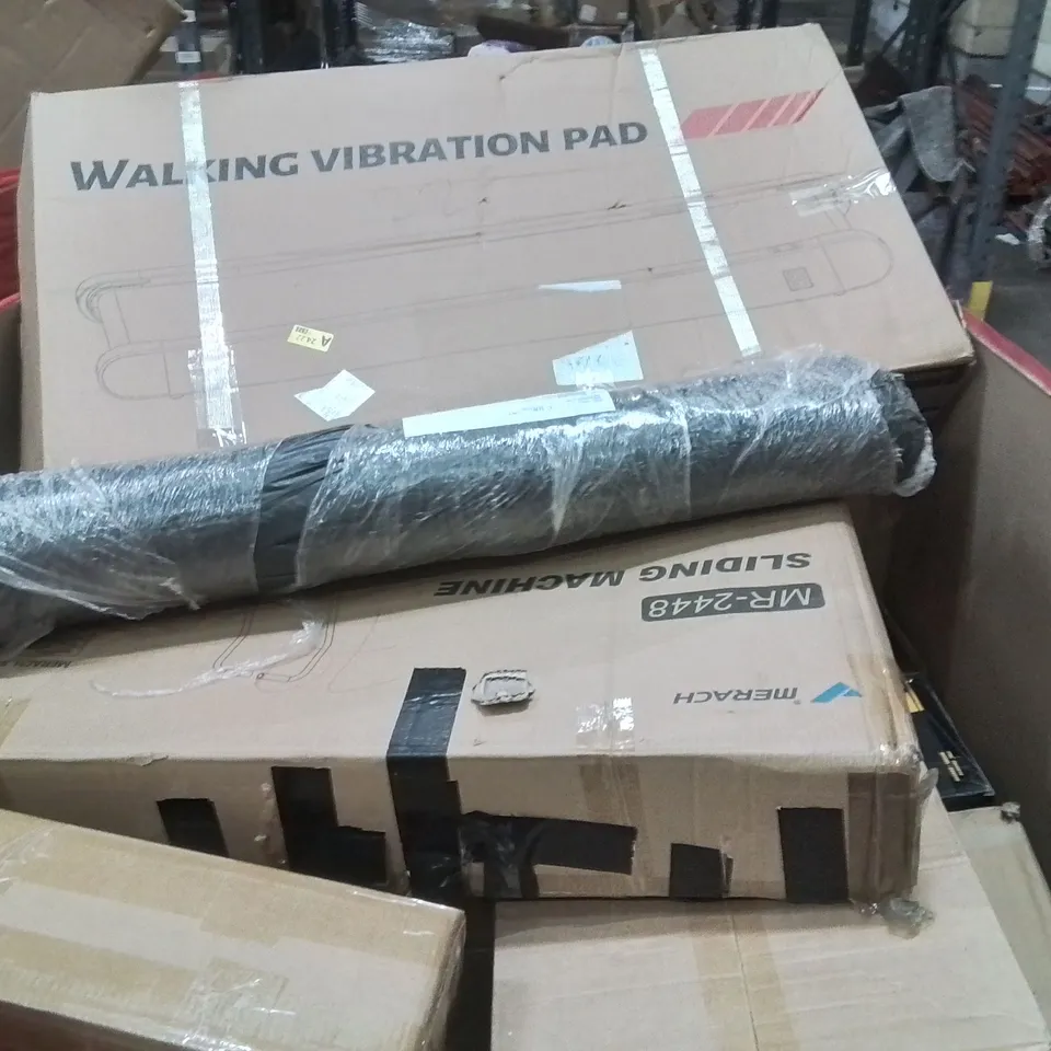 PALLET CONTAINING VARIOUS ASSORTED BOXED HOUSEHOLD ITEMS TO INCLUDE: SLIDING EXERCISE MACHINE, WALKING VIBRATION PLATE, DEWALT VACUUM CLEANER AND LOTS MORE UNMARKED BOXED ITEMS