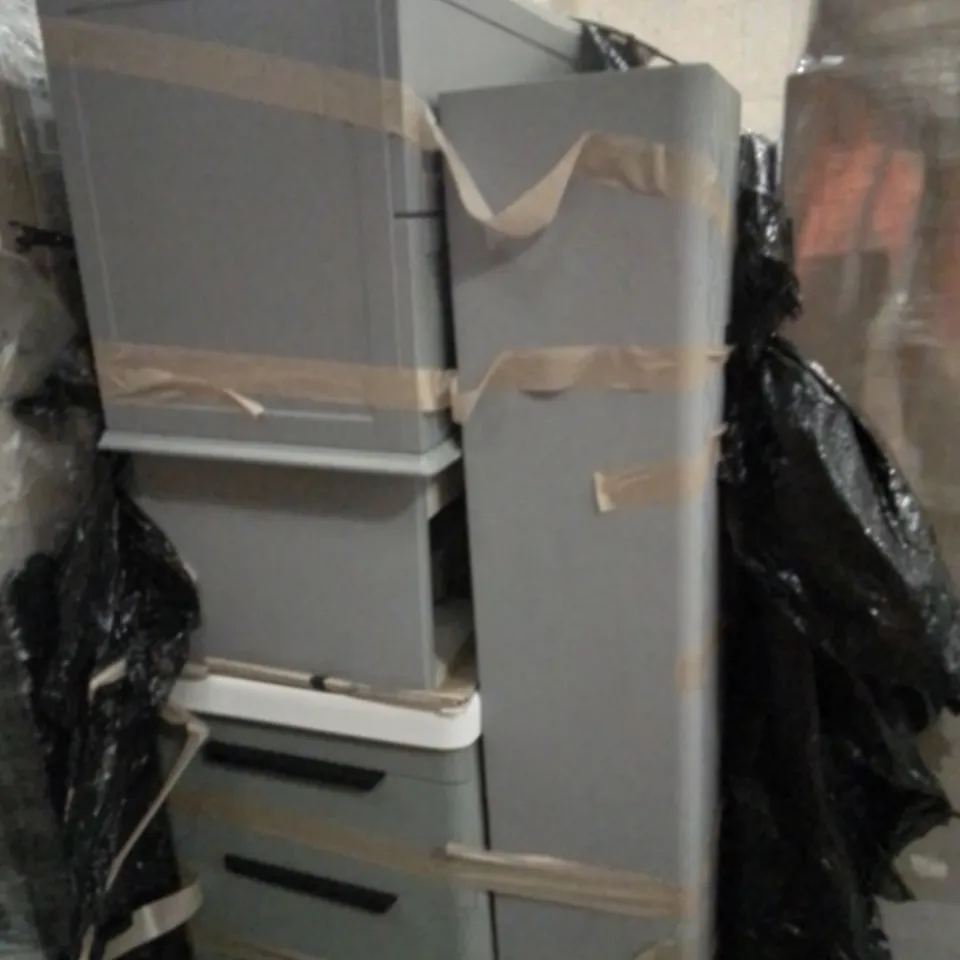 PALLET OF ASSORTED VANITY UNITS, SOME WITH BASINS, COLUMN CUPBOARDS,