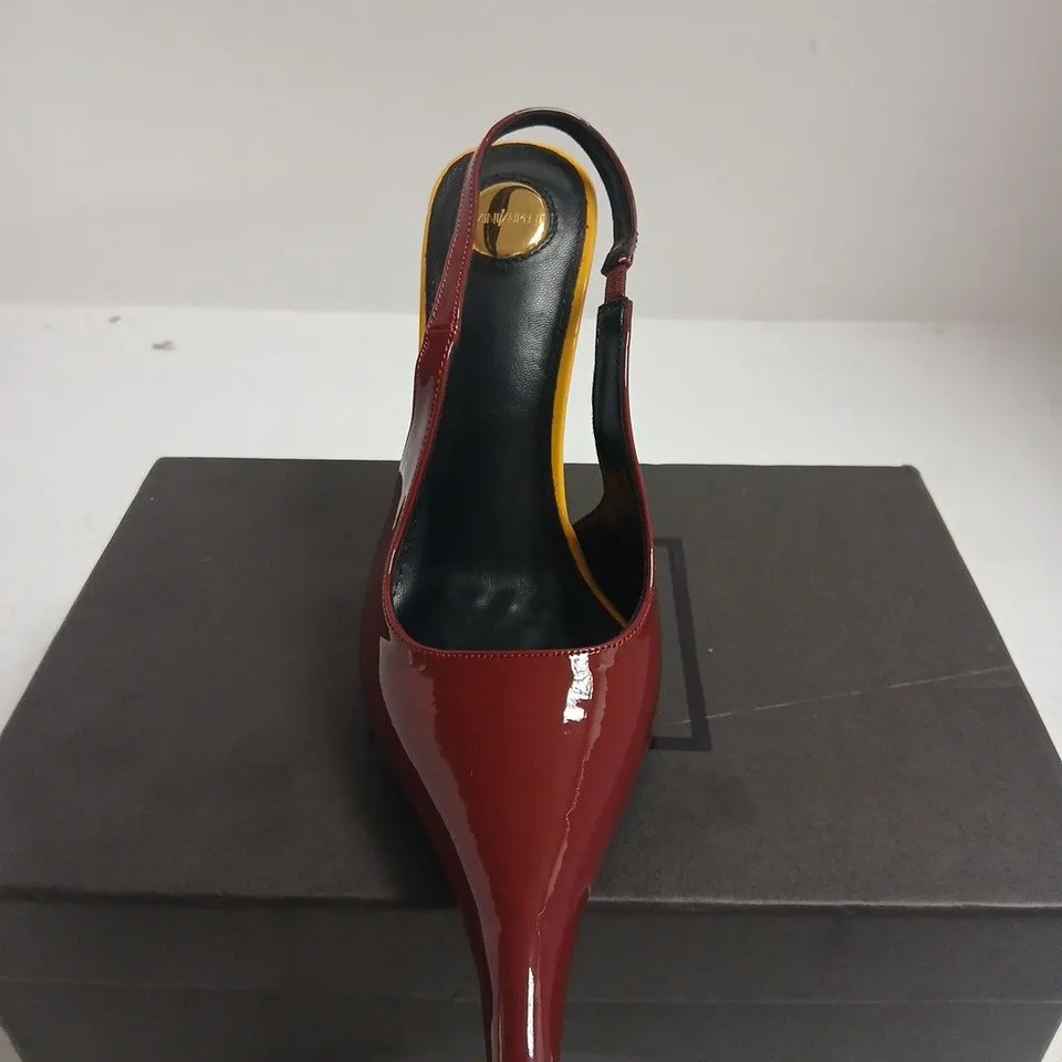 BOXED PAIR OF SAINT LAURENT WOMEN'S RED PATENT SLINGBACK HIGH-HEEL SHOES - SIZE UNSPECIFIED