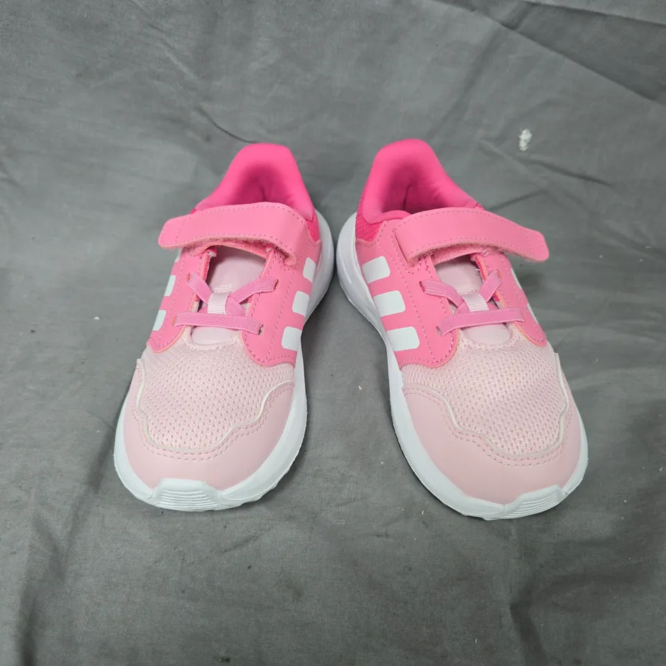 ADIDAS KIDS' PINK VELCRO TRAINERS WITH WHITE STRIPES – MESH UPPER - UK 9K