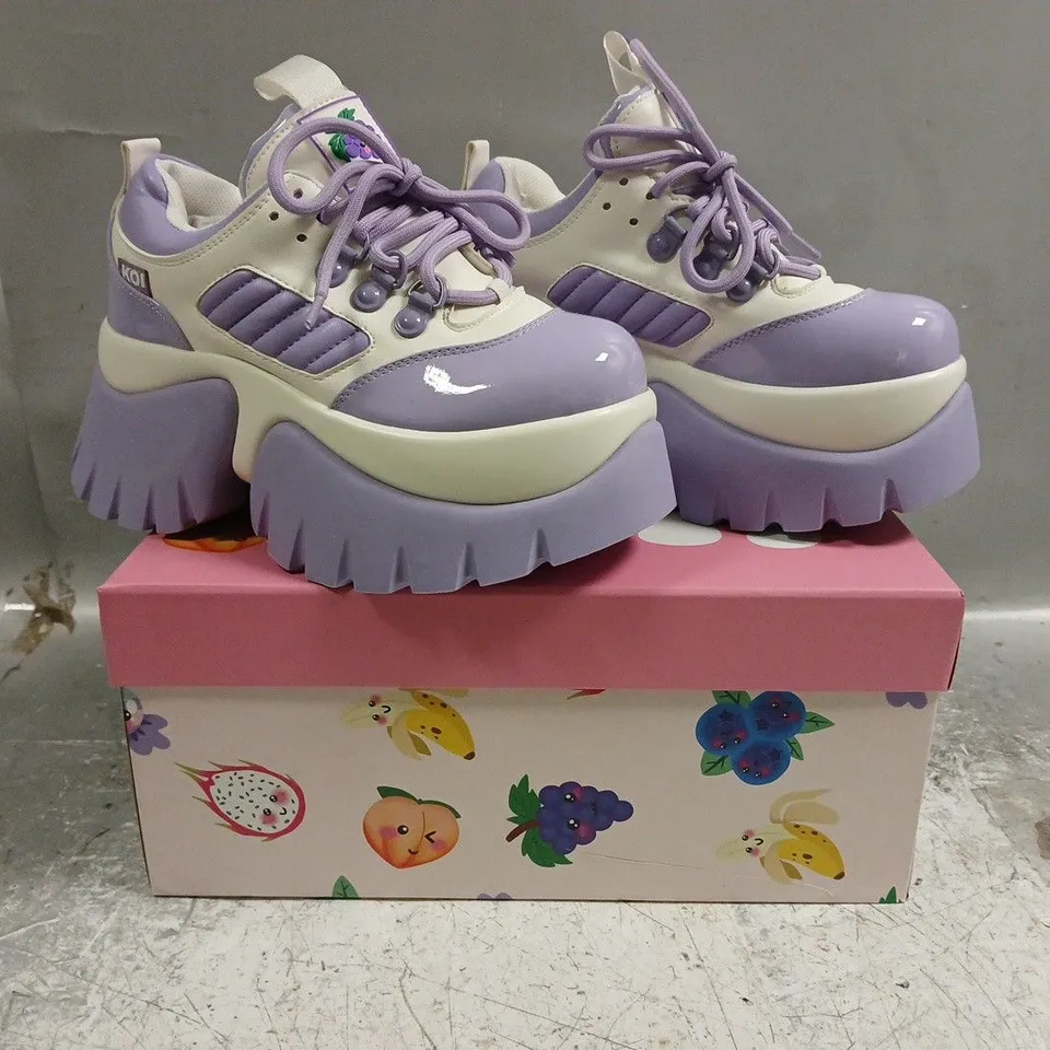 BOXED PAIR OF KOI FRUITTI TUTTI GRAPE JELLY TRAINERS IN PURPLE/WHITE SIZE UK 3