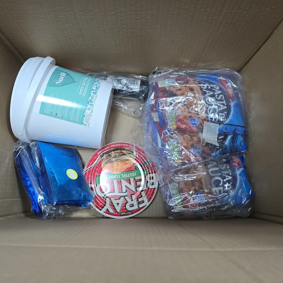 LOT OF APPROXIMATELY 15 ASSORTED FOOD ITEMS TO INCLUDE FRAY BENTOS PIES, 5KG OF SHEA BUTTER AND DOLLY'S BROWNIE KIT