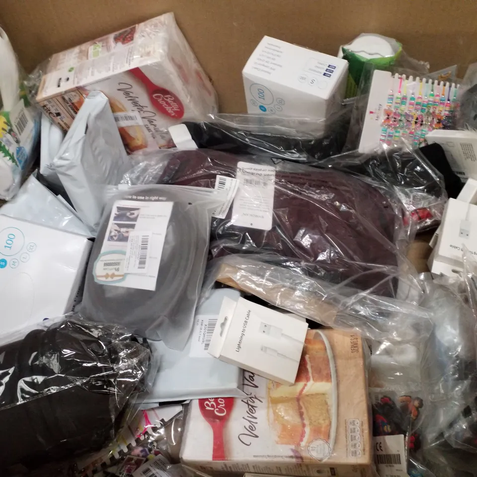 PALLET OF 6 BOXES CONTAINING ASSORTED PRODUCTS INCLUDING CLEAR VINYL GLOVES, PET HAIR REMOVER, CAKE MIX, LIGHTING TO USB CABLE, JUTE TWINE STRING, BRACELETS
