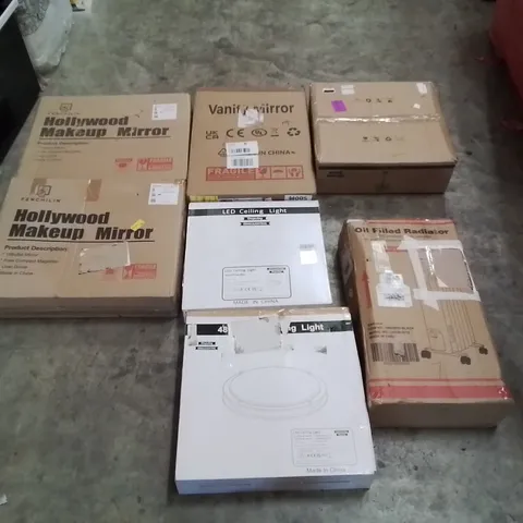 PALLET CONTAINING ASSORTED ITEMS TO INCLUDE: HOLLYWOOD MAKEUP/VANITY MIRRORS, LED CEILING LIGHTS, OIL FILLED RADIATOR ECT