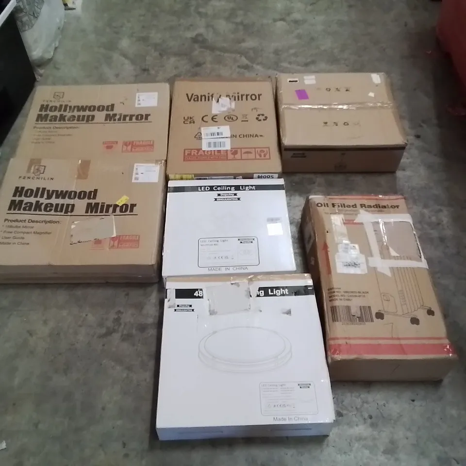 PALLET CONTAINING ASSORTED ITEMS TO INCLUDE: HOLLYWOOD MAKEUP/VANITY MIRRORS, LED CEILING LIGHTS, OIL FILLED RADIATOR ECT