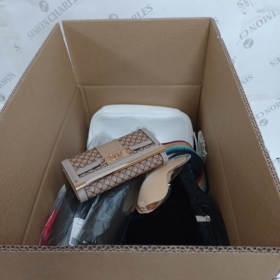 BOX OF APPROXIMATELY 25 ASSORTED CLOTHING ITEMS TO INCLUDE: SOCKS, UNDERWEAR & PURSES