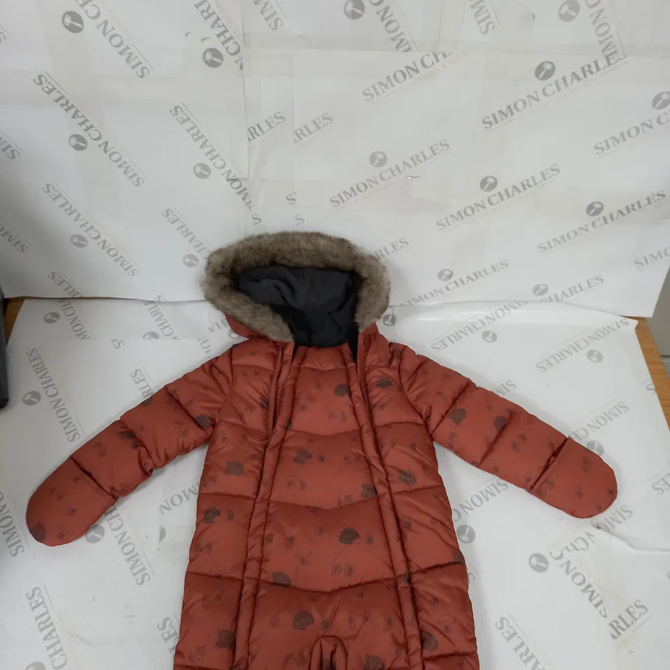 WOODLAND THEMED ALL IN ONE SNOW SUIT WITH FUR HOOD SIZE 12-18 MONTHS