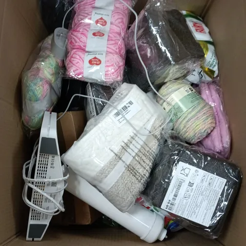 BOX CONTAINING A MIX OF APPROXIMATELY 15 ASSORTED HOUSEHOLD ITEMS INCLUDING ROUTERS, WASHING UP PRODUCTS, YARN ETC.