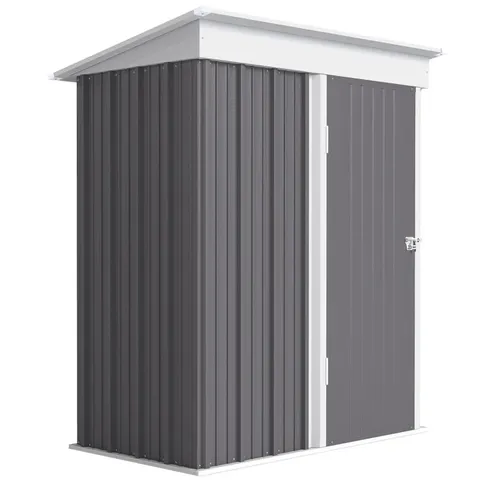 BOXED OUTSUNNY METAL GARDEN SHED, OUTDOOR LEAN-TO SHED FOR TOOL MOTOR BIKE, WITH ADJUSTABLE SHELF, LOCK, GLOVES, 5'X3'X6', GREY