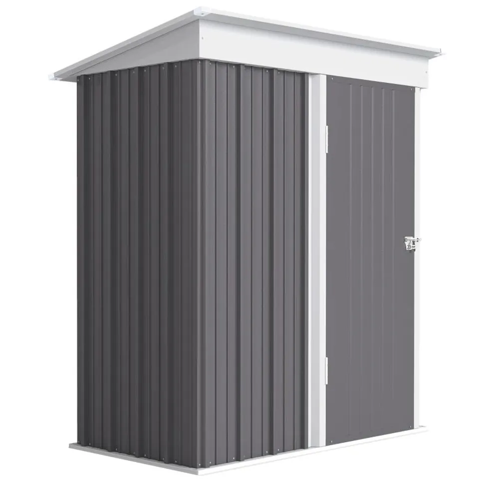 BOXED OUTSUNNY METAL GARDEN SHED, OUTDOOR LEAN-TO SHED FOR TOOL MOTOR BIKE, WITH ADJUSTABLE SHELF, LOCK, GLOVES, 5'X3'X6', GREY