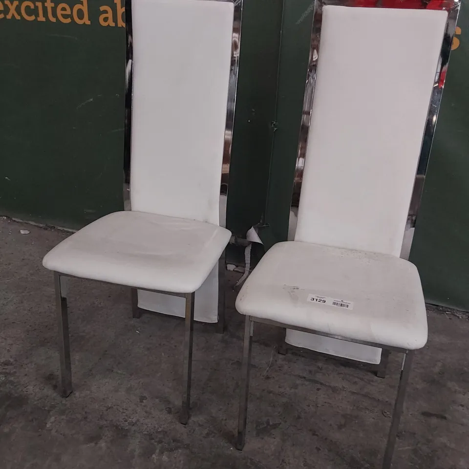 PAIR OF UPHOLSTERED HIGH BACKED DINING CHAIRS CHROME FRAME WHITE PU