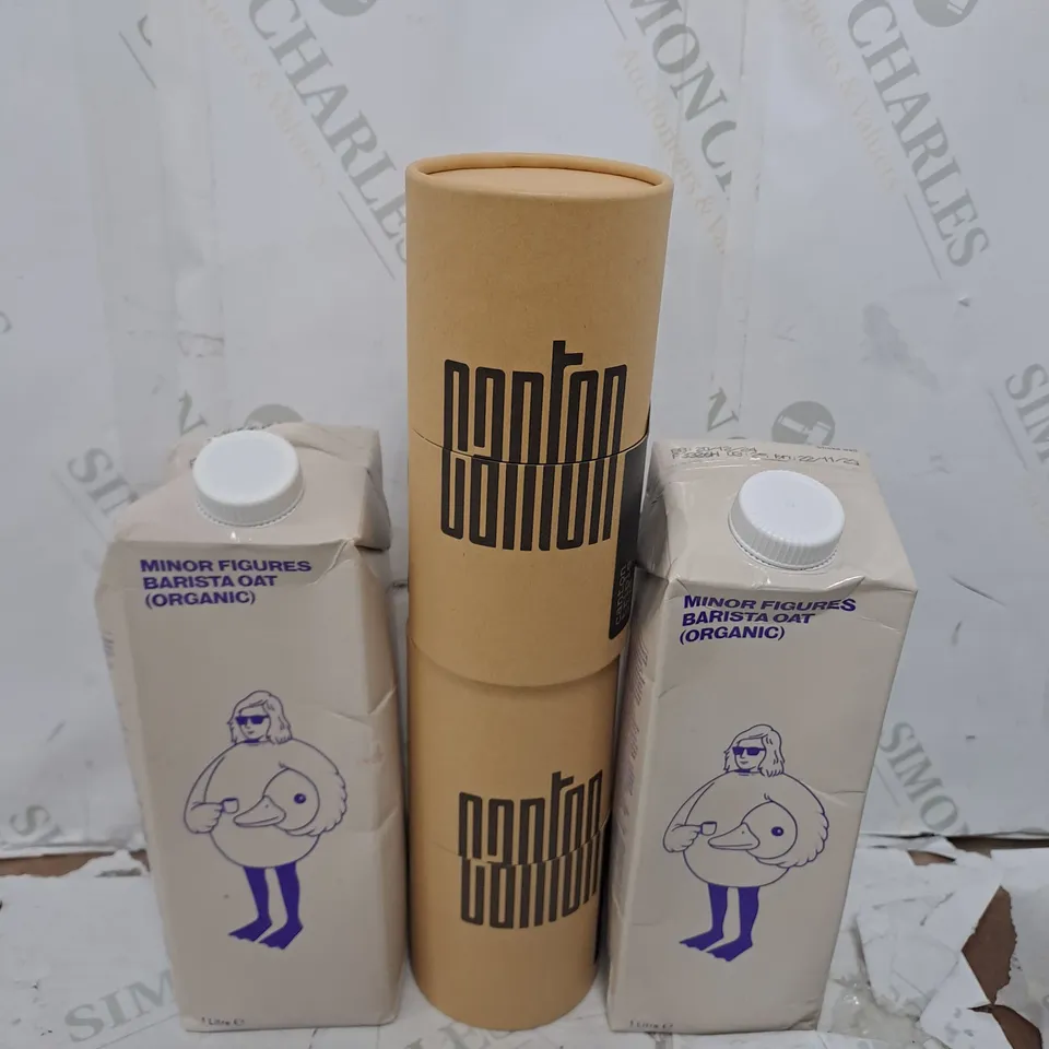 TOTE OF ASSORTED FOOD AD DRINK ITEMS TOO INCLUDE BARISTA OAT AND HERBAL TEA 