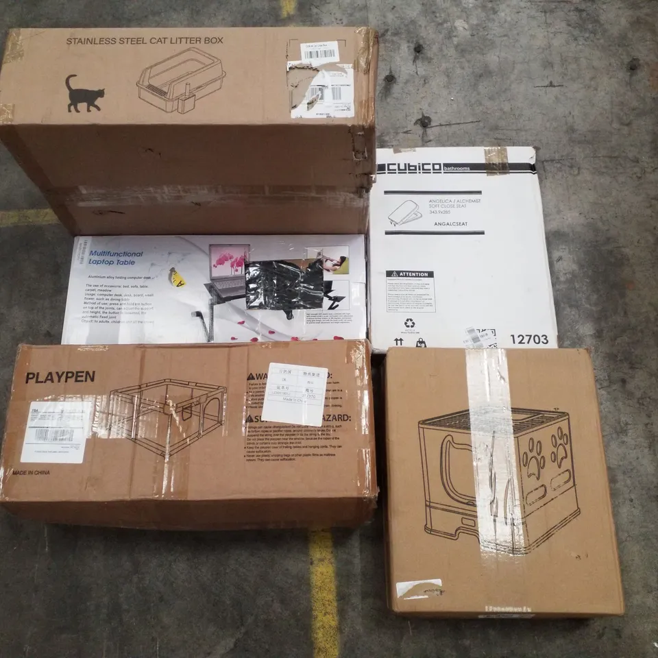 PALLET CONTAINING ASSORTED PRODUCTS INCLUDING CAT LITTER BOX, MULTIFUNCTIONAL LAPTOP TABLE, PLAYPEN, SOFT CLOSE SEAT & CAT LITTER BOX