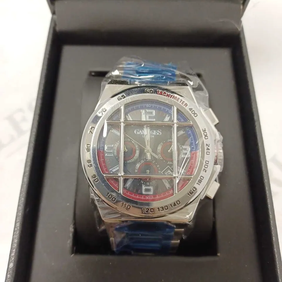 GAMAGES BASTION STEEL TRIPLE DATE BAR DIAL TACHYMETER BRACELET STRAP WRISTWATCH