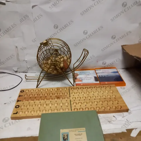 LOT OF ASSORTED HOUSEHOLD ITEMS TOO INCLUDE LOTTO GAME AND AUDIO BOOKS
