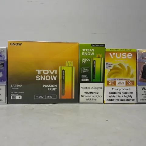 APPROXIMATELY 15 ASSORTED E-CIGARETTE PRODUCTS TO INCLUDE - LOST MARY , VUSE , TOVI SNOW 