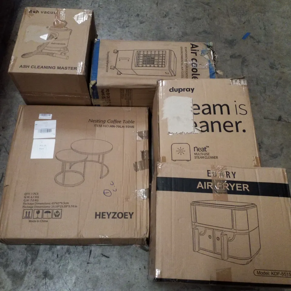 PALLET CONTAINING ASSORTED PRODUCTS INCLUDING ASH CLEANING MASTER, AIR COOLER, MULTI-USE STEAM CLEANER, AIR FRYER & NESTING COFFEE TABLE