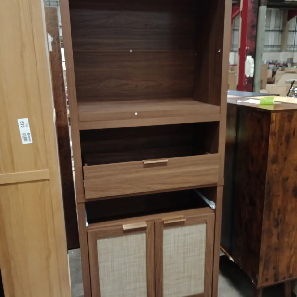 WOODEN FREESTANDING STORAGE CABINET WITH OPEN SHELF, DRAWER & FABRIC-PANEL DOORS