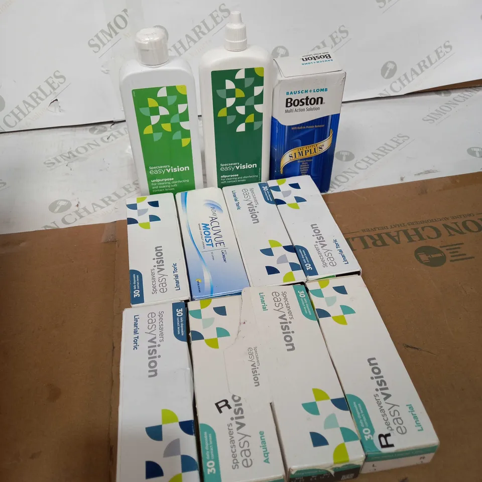 BOX OF ASSORTED MEDICAL APPLIANCES TOO INCLUDe , EYE LENSES AND EYE DROPS 