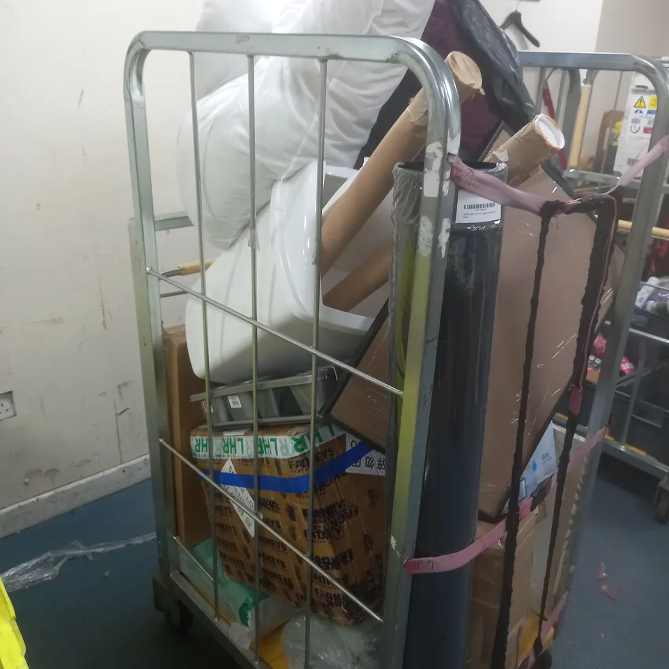 CAGE OF ASSORTED HOUSEHOLD ITMES TO INCLUDE WALL DECOR, DRAINAGE RACK, HUGGIES PLASTIC WIPES, BEDDING, STORAGE BOXES, AND ENAMELED STEEL ETC