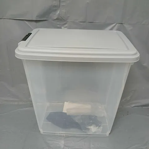 CLEAR PLASTIC STORAGE TUB WITH WHEELS AND SCOOP