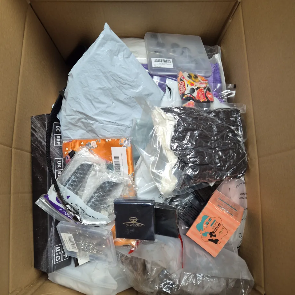 LARGE BOX OF ASSORTED ITEMS TO INCLUDE CLOTHING, BOOB TAPE AND UMBRELLA'S - COLLECTION ONLY 