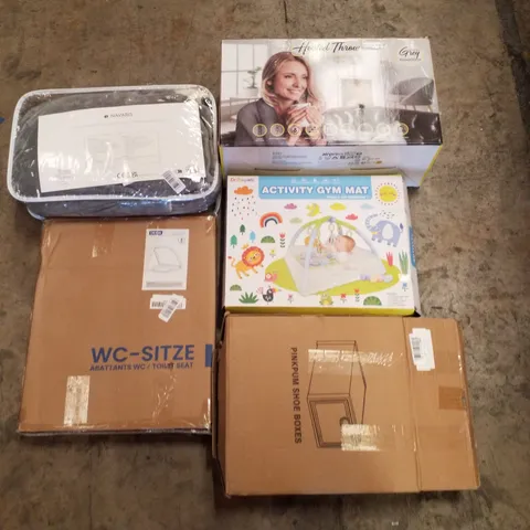 PALLET CONTAINING ASSORTED PRODUCTS INCLUDING SHOE BOXES, TOILET SEAT, ACTIVITY GYM MAT & HEATED THROW