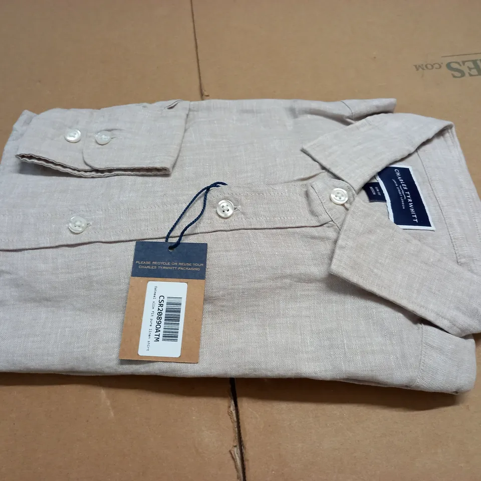 CHARLES TYRWHITT OATMEAL SLIM FIT PURE LINEN SHIRT - M