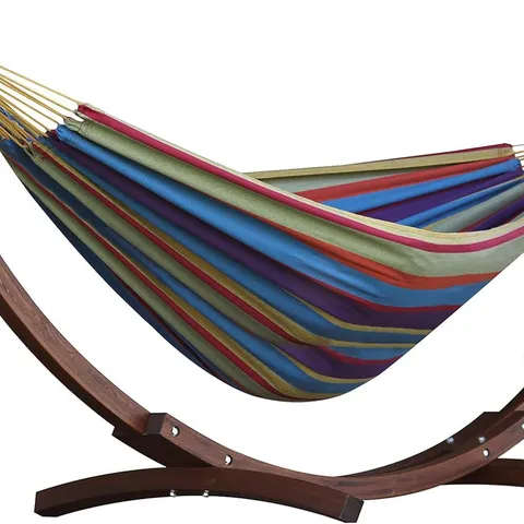 BOXED VIVERE DOUBLE COTTON HAMMOCK WITH SOLID PINE ARC STAND - TROPICAL (1 BOX)