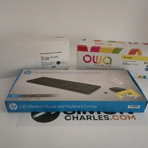 BOX OF APPROXIMATELY 12 ASSORTED ITEMS TO INCLUDE HP 230 MOUSE AND KEYBOARD COMBOS AND PRINTER CARTRIDGES