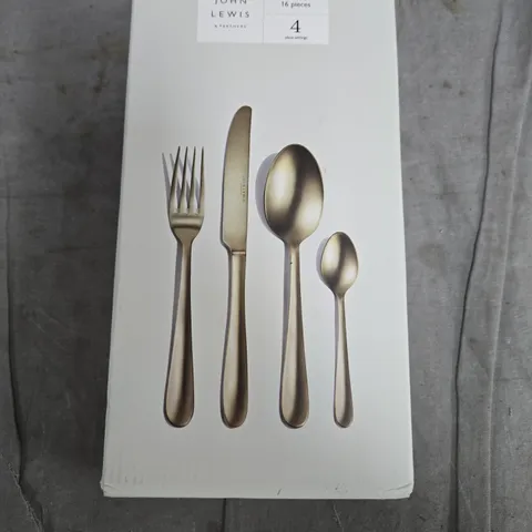 JOHN LEWIS CHAMPAGNE FINISH 16-PIECE CUTLERY SET – BOXED (4 X KNIVES, 4 X FORKS, 4 X SPOONS, 4 X TEA SPOONS)