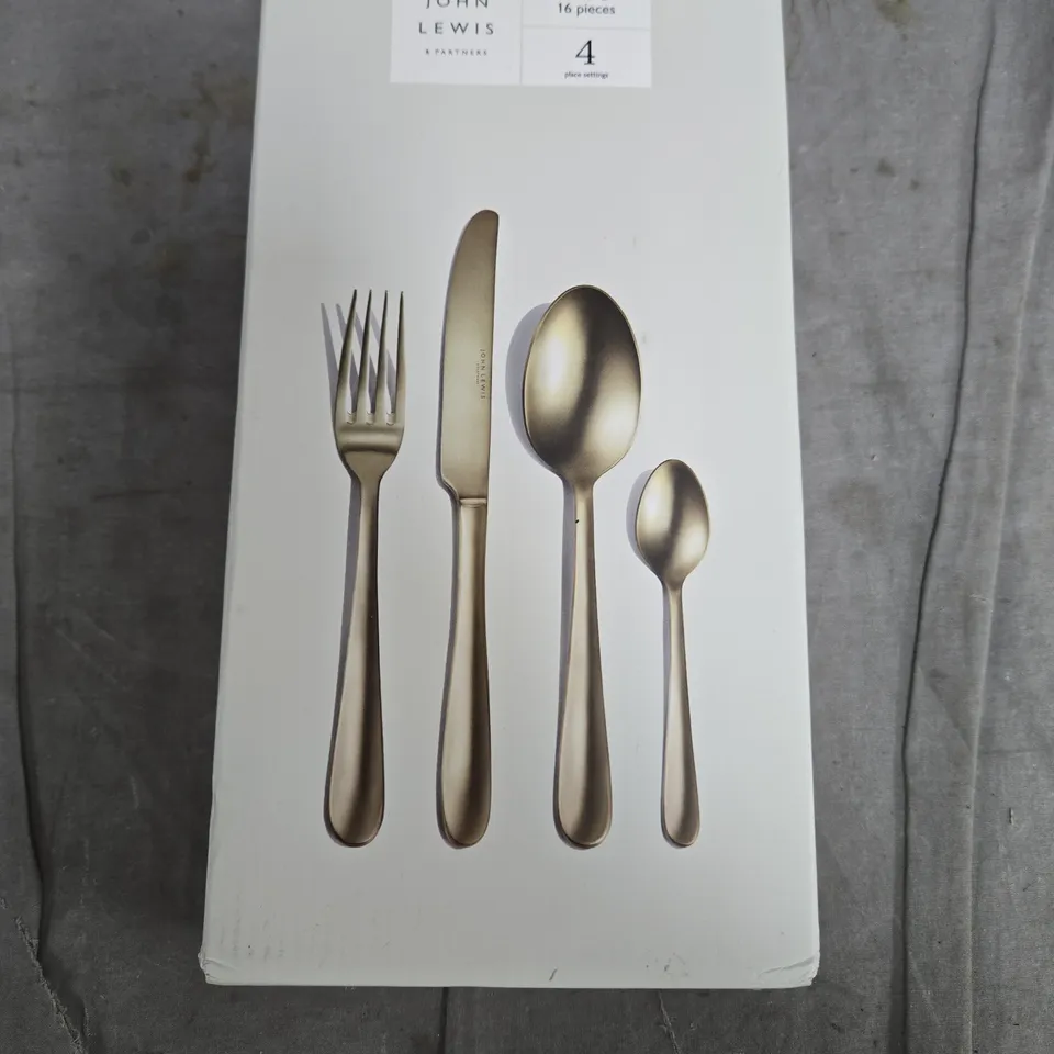 JOHN LEWIS CHAMPAGNE FINISH 16-PIECE CUTLERY SET – BOXED (4 X KNIVES, 4 X FORKS, 4 X SPOONS, 4 X TEA SPOONS)