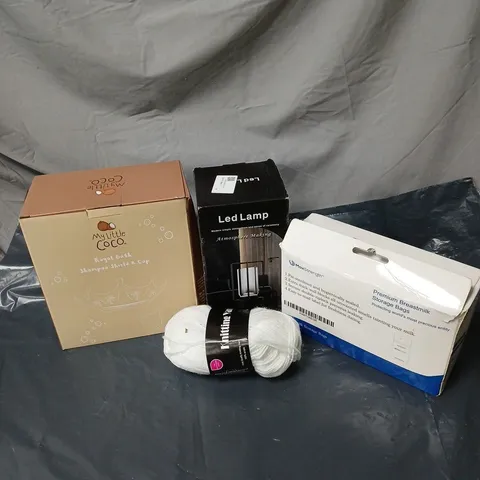 BOX OF APPROXIMATELY 20 ASSORTED HOUSEHOLD ITEMS TO INCLUDE KNITTING YARN, LED LAMP, BREASTMILK STORAGE BAGS, SHAMPOO SHIELD ETC
