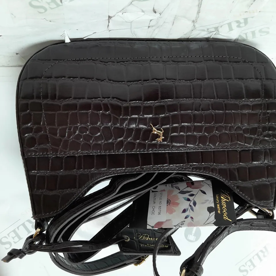 ASHWOOD LUXURY LEATHER BROWN HANDBAG CROCODILE SKIN EFFECT 