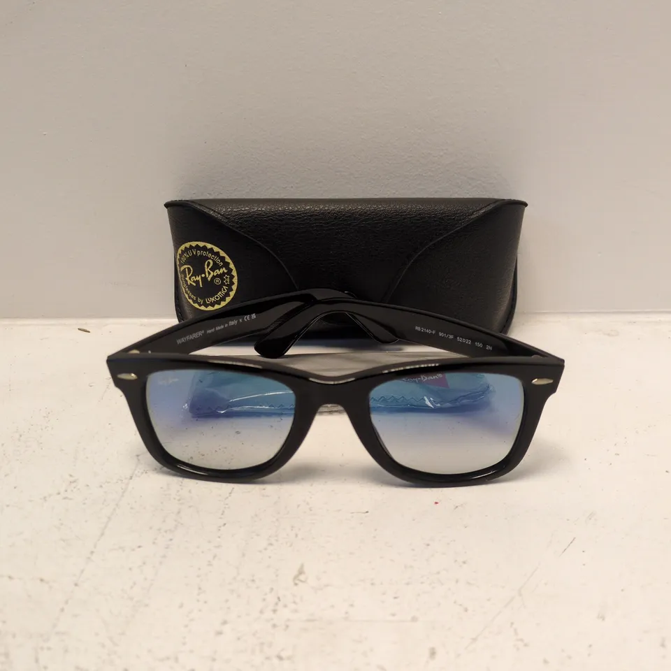 RAY-BAN WAYFARER SUNGLASSES – BLACK FRAME, BLUE MIRROR LENSES (RB2140)