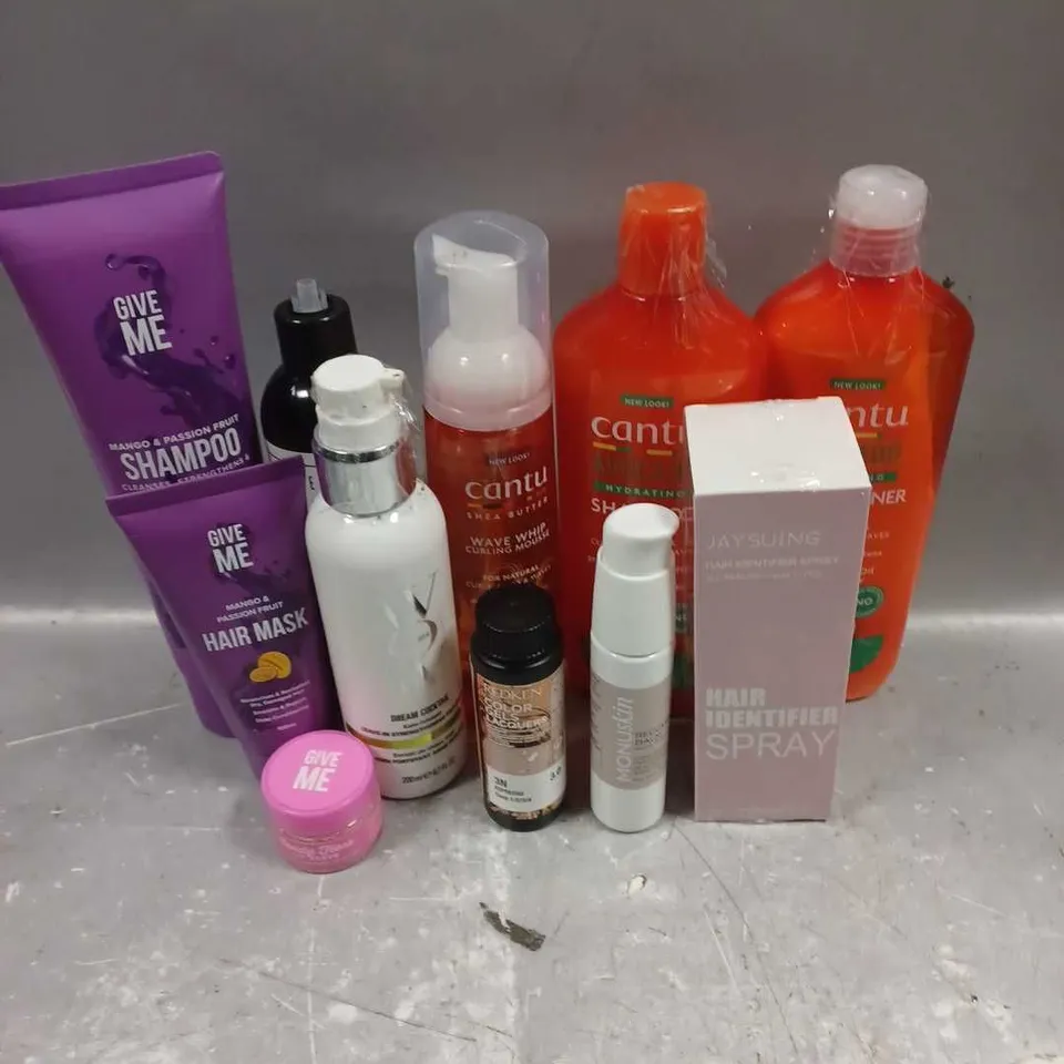 APPROXIMATELY 20 ASSORTED COSMETIC PRODUCTS INCLUDE - CANTU SHAMPOO - MONUSKIN RECOVERY BALM - WOW DREAM COCKTAIL LEAVE IN - ETC