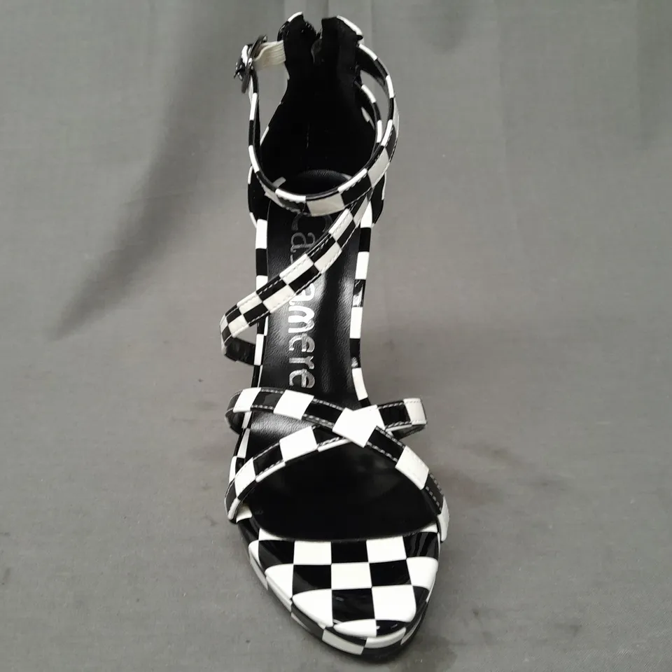 BOXED PAIR OF CASTAMERE OPEN TOE HIGH HEEL STRAPPY SANDALS IN BLACK/WHITE CHECKERBOARD EU SIZE 35