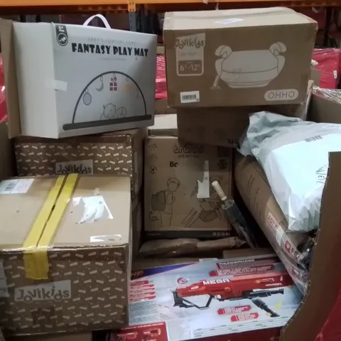 PALLET CONTAINING VARIOUS ASSORTED BOXED HOUSEHOLD ITEMS TO INCLUDE: BABY PLAY MAT, KIDS TRUNKI'S, BOOSTER SEATS AND LOTS MORE UNMARKED BOXED ITEMS 
