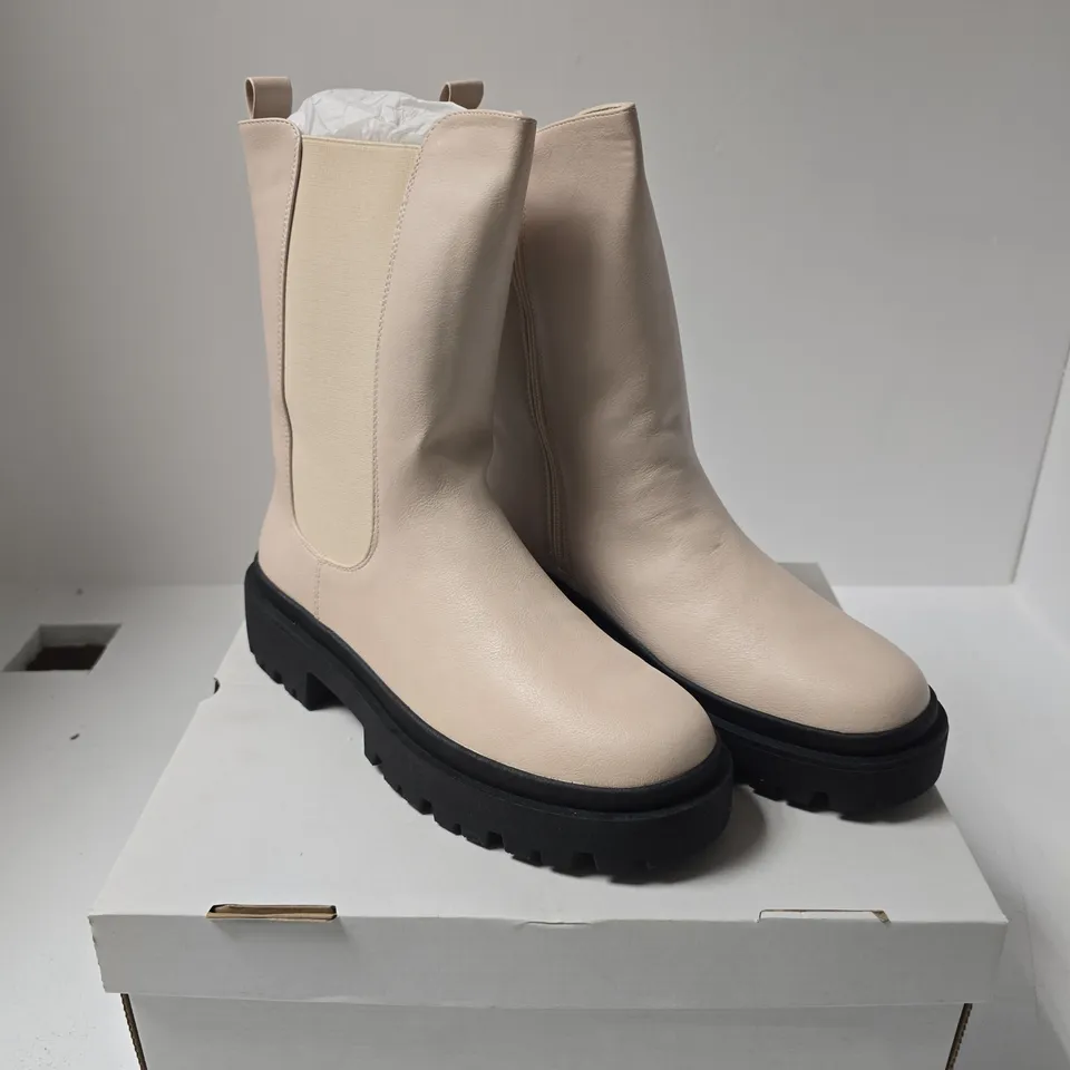 BEIGE LEATHER-LOOK ANKLE BOOTS, UK 6